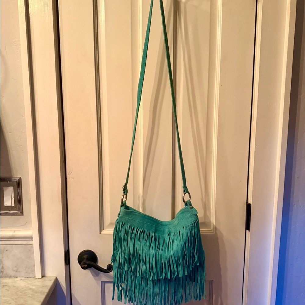 NEW LIATALIA ITALIAN SUEDE LEATHER BOHO TURQUOISE FRINGE CROSSBODY PURSE HANDBAG - Picture 14 of 14